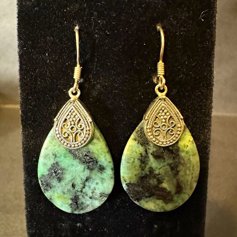 BOMA Vintage Sterling Silver Green Black Matrix Gemstone Drop Earrings Signed